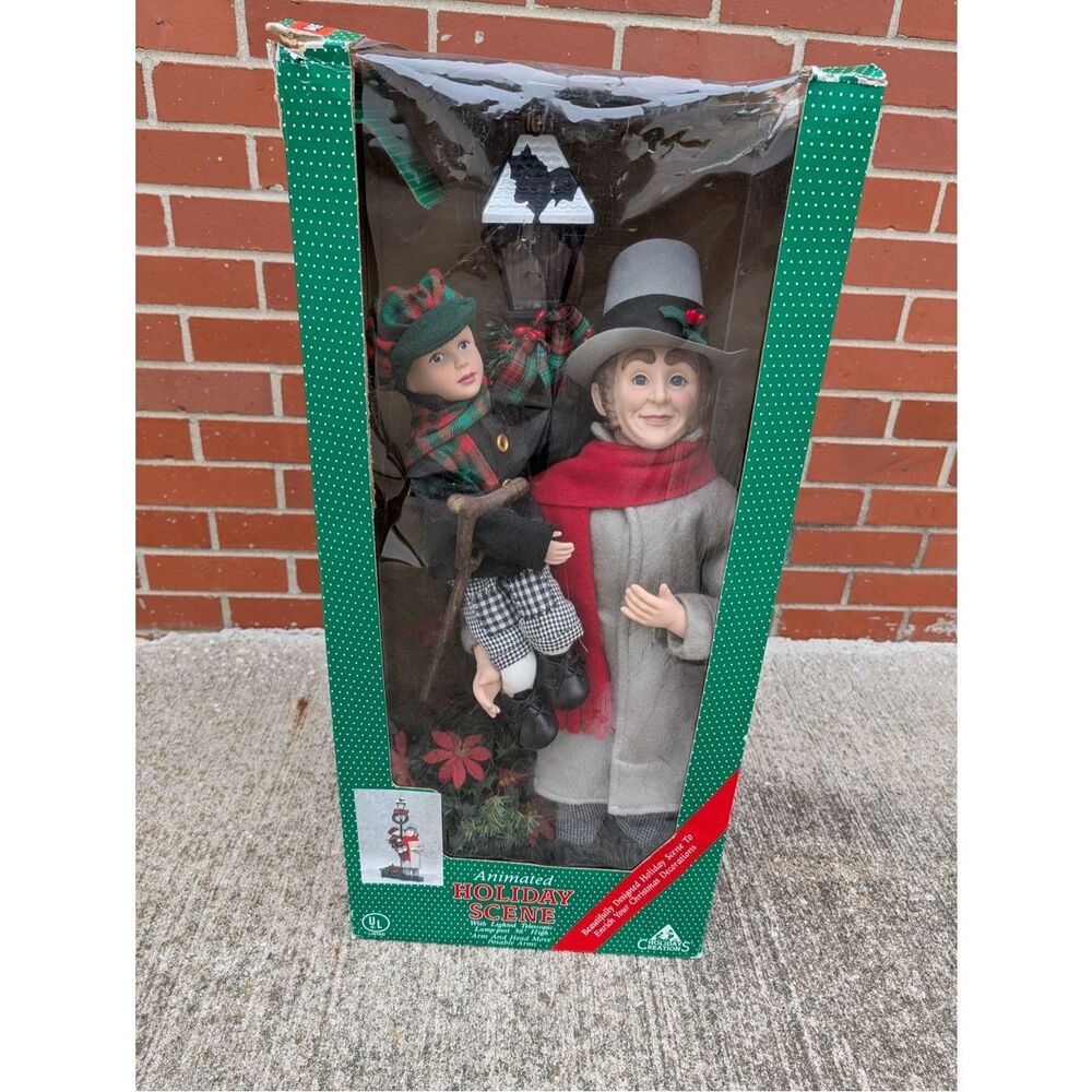 Vtg. Holiday Creations Tiny Tim & Scrooge 27” Animated Lamp Post Scene Works